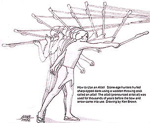 black and white line drawing of a man throwing an atlatl